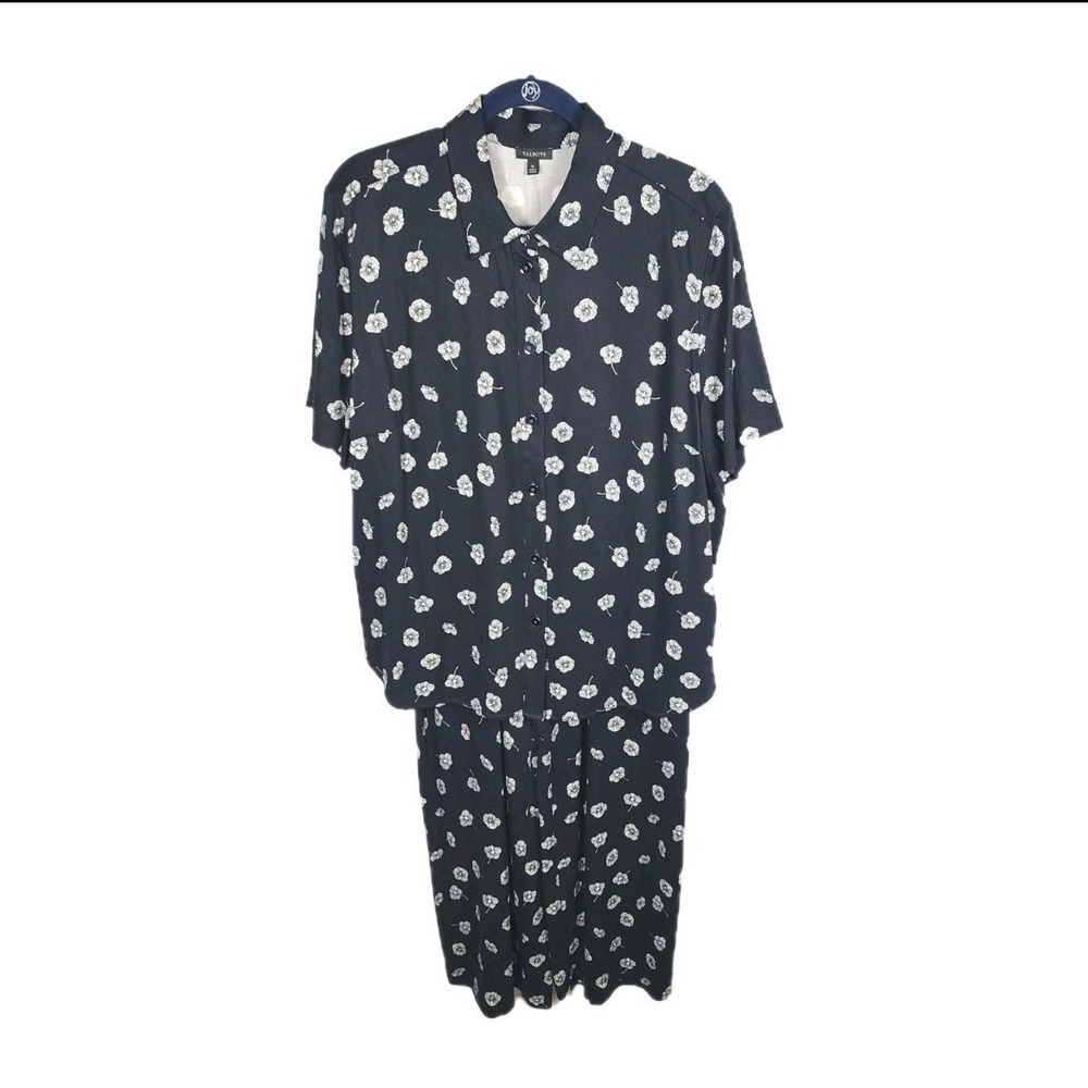 Talbots Floral 2 Piece Set Womens L Black White Button Shirt Wide Leg Pants